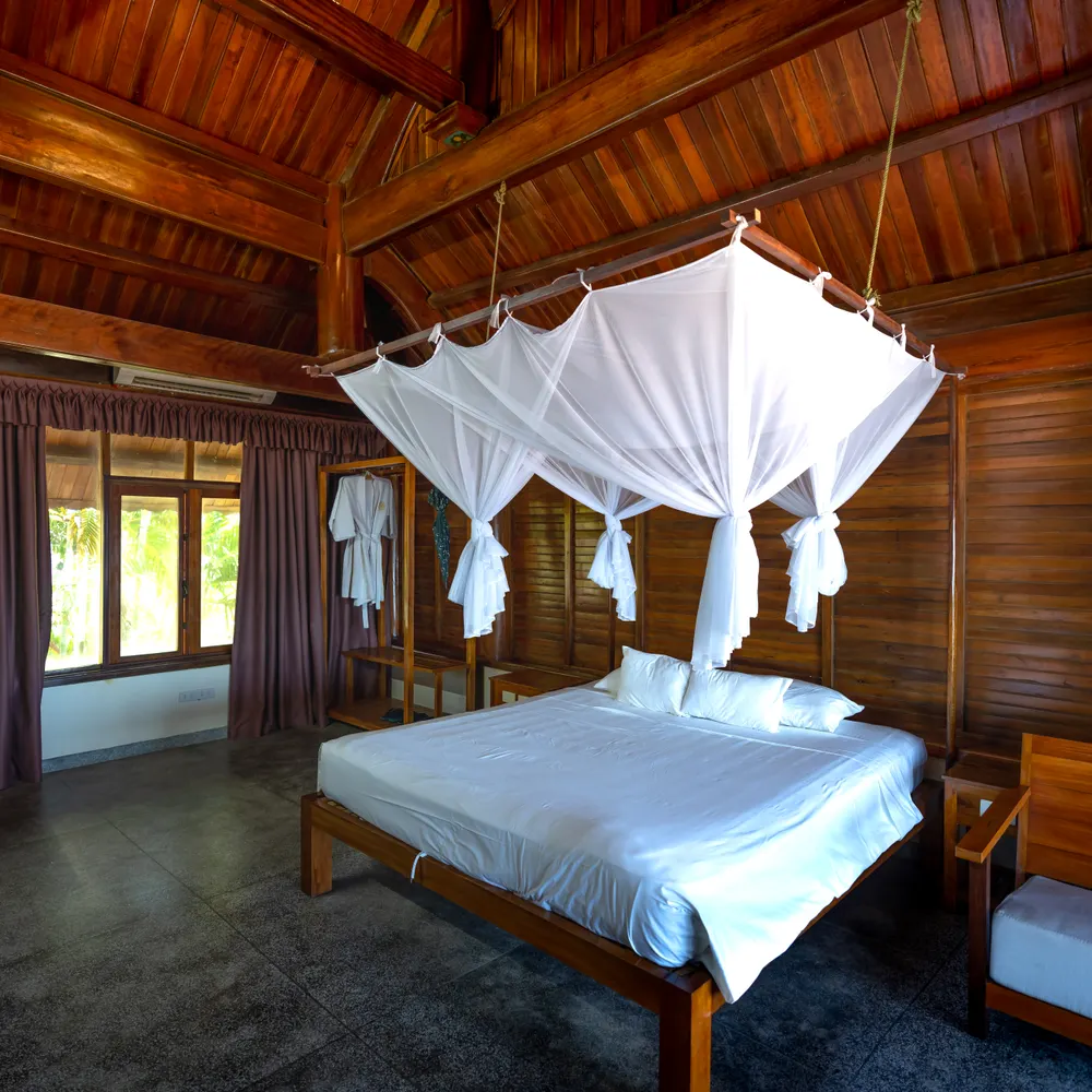 A spacious wooden bedroom with a canopy net over the bed